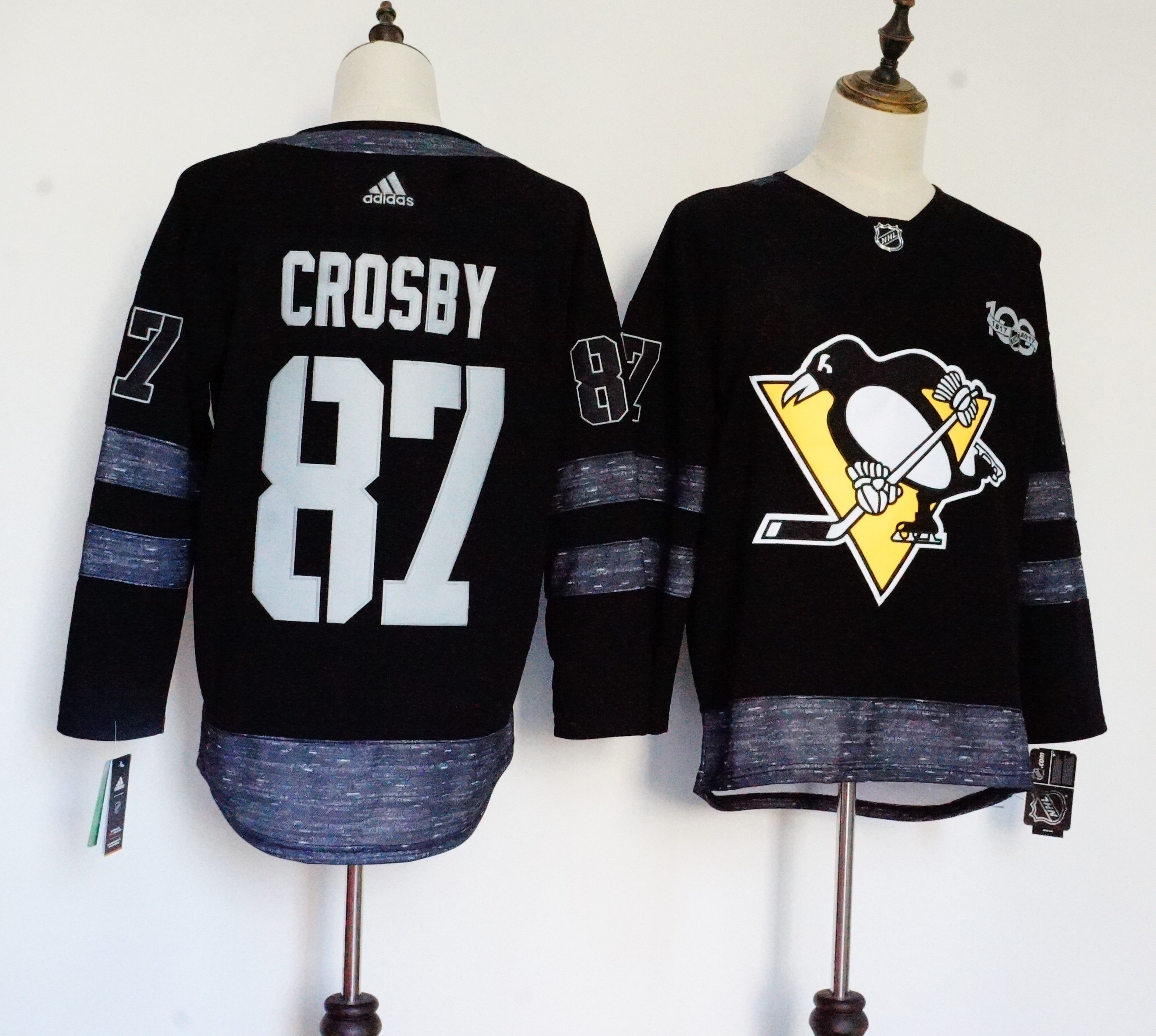 Men Pittsburgh Penguins #87 Crosby Black 100th Anniversary Stitched Adidas NHL Jerseys->nashville predators->NHL Jersey